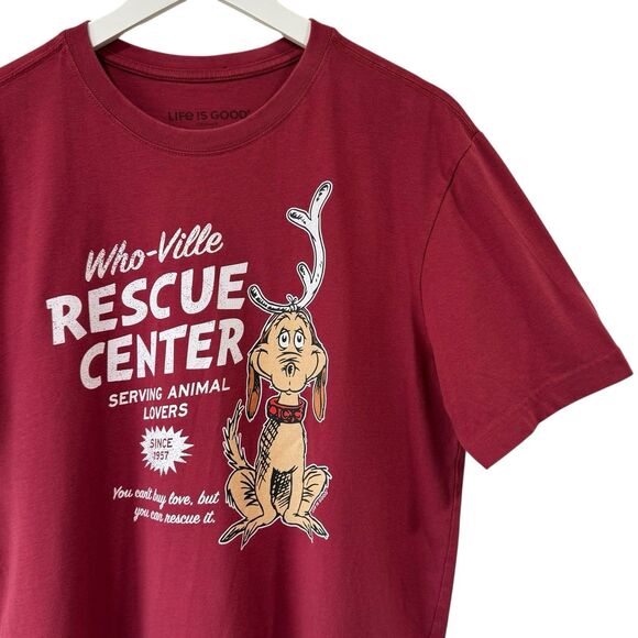 LIFE IS GOOD Men's WhoVille Rescue Center Short Sleeve Crusher Tee Red PRISTINE - Picture 1 of 10